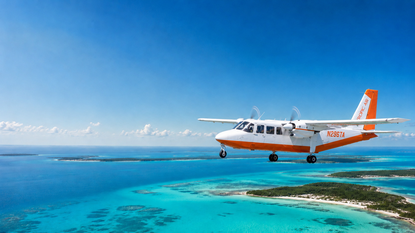 Twin-engine charter aircraft over Bahamian waters