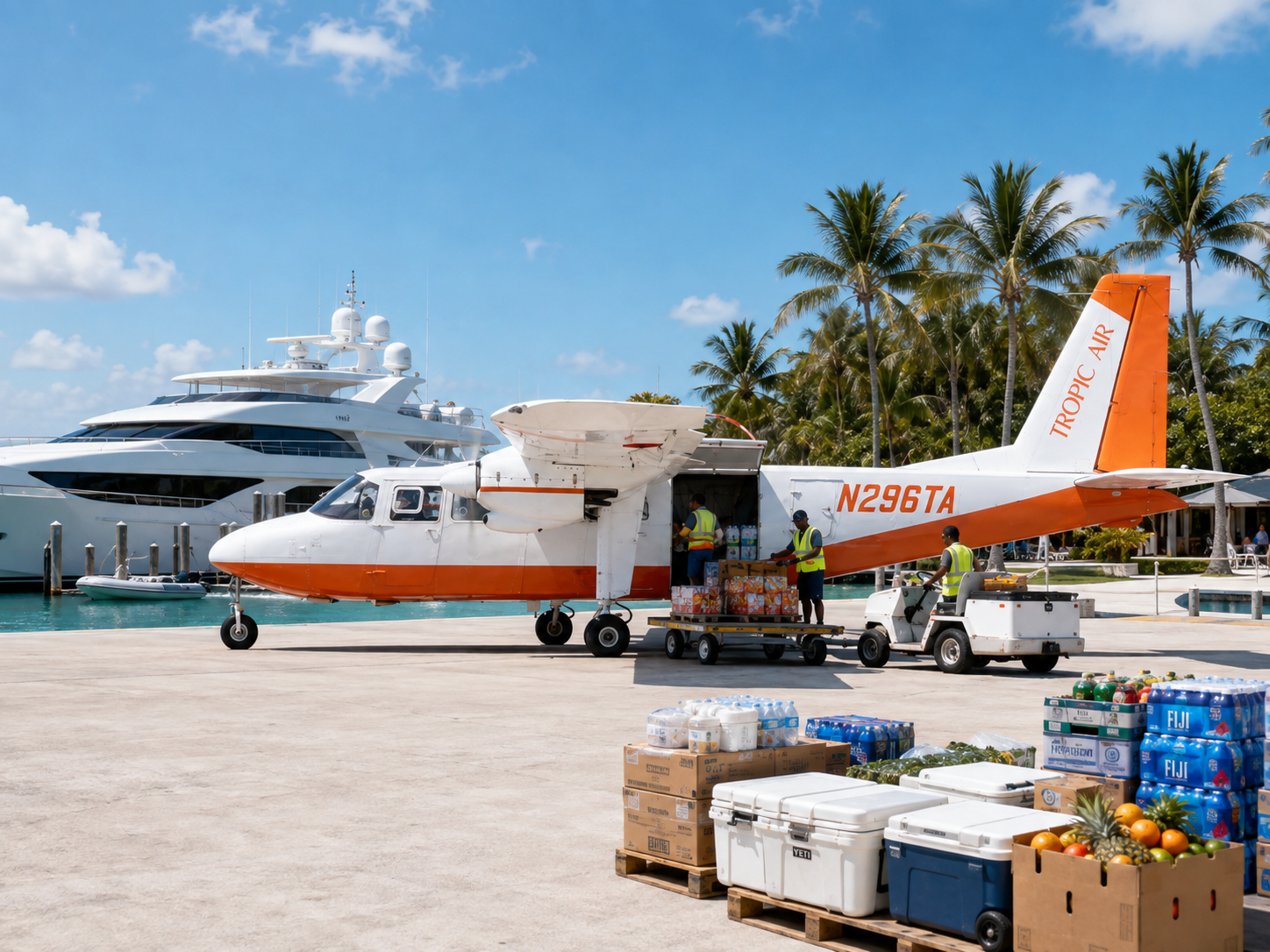 Packaged yacht provisions prepared for air transport to The Bahamas